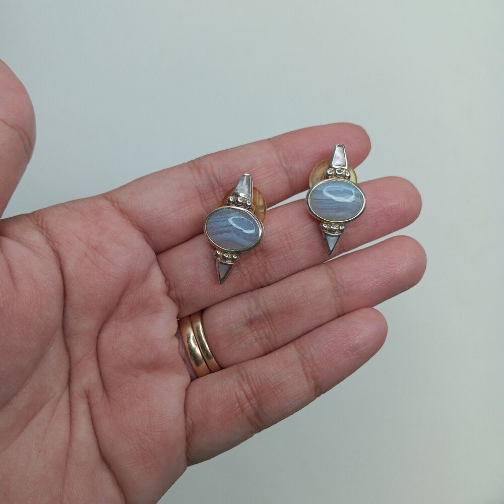 925 Sterling Siver with Blue Lace Teardrop Agate Moonstone Earrings
